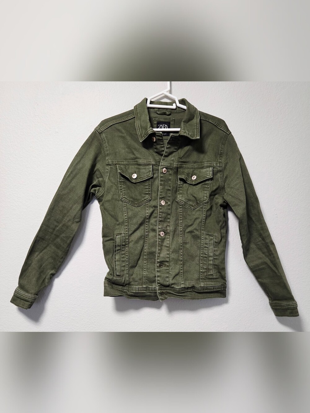 ZARA Olive Green Denim Jacket Women's M Button Front Stretch
